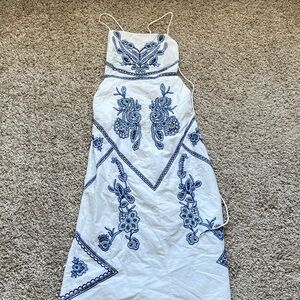Zara White and Blue Embroidered Dress